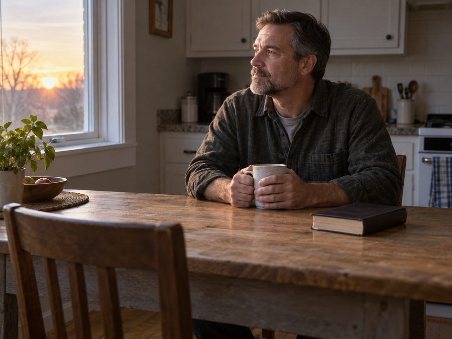 A man alone at a kitchen table at dawn with a mug and a closed Bible, an empty chair across from him